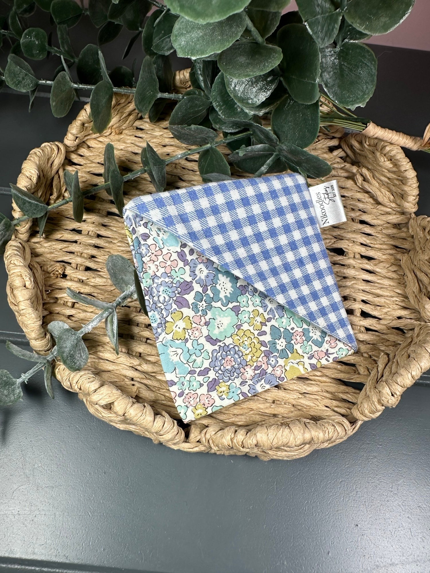 Blue gingham fabric corner bookmark