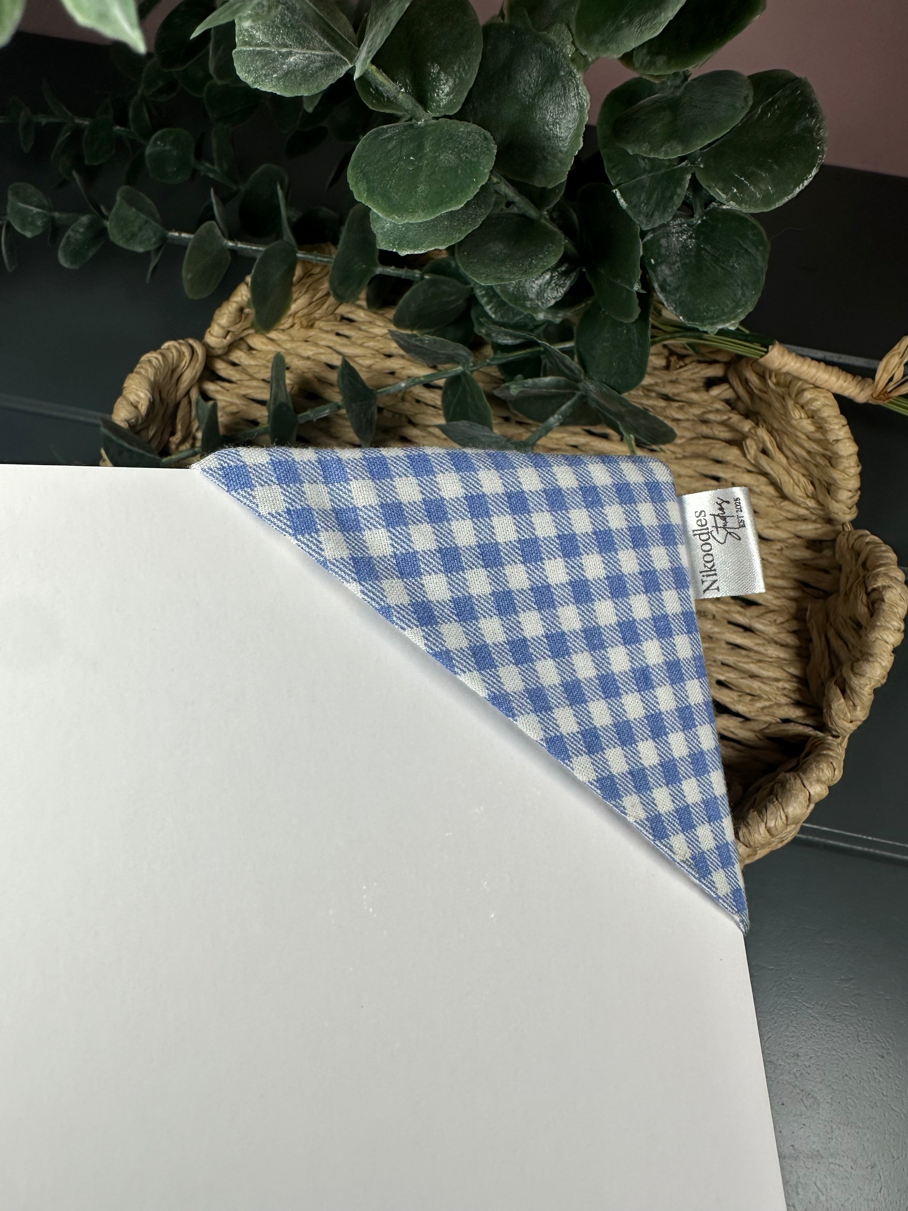 Blue gingham fabric corner bookmark