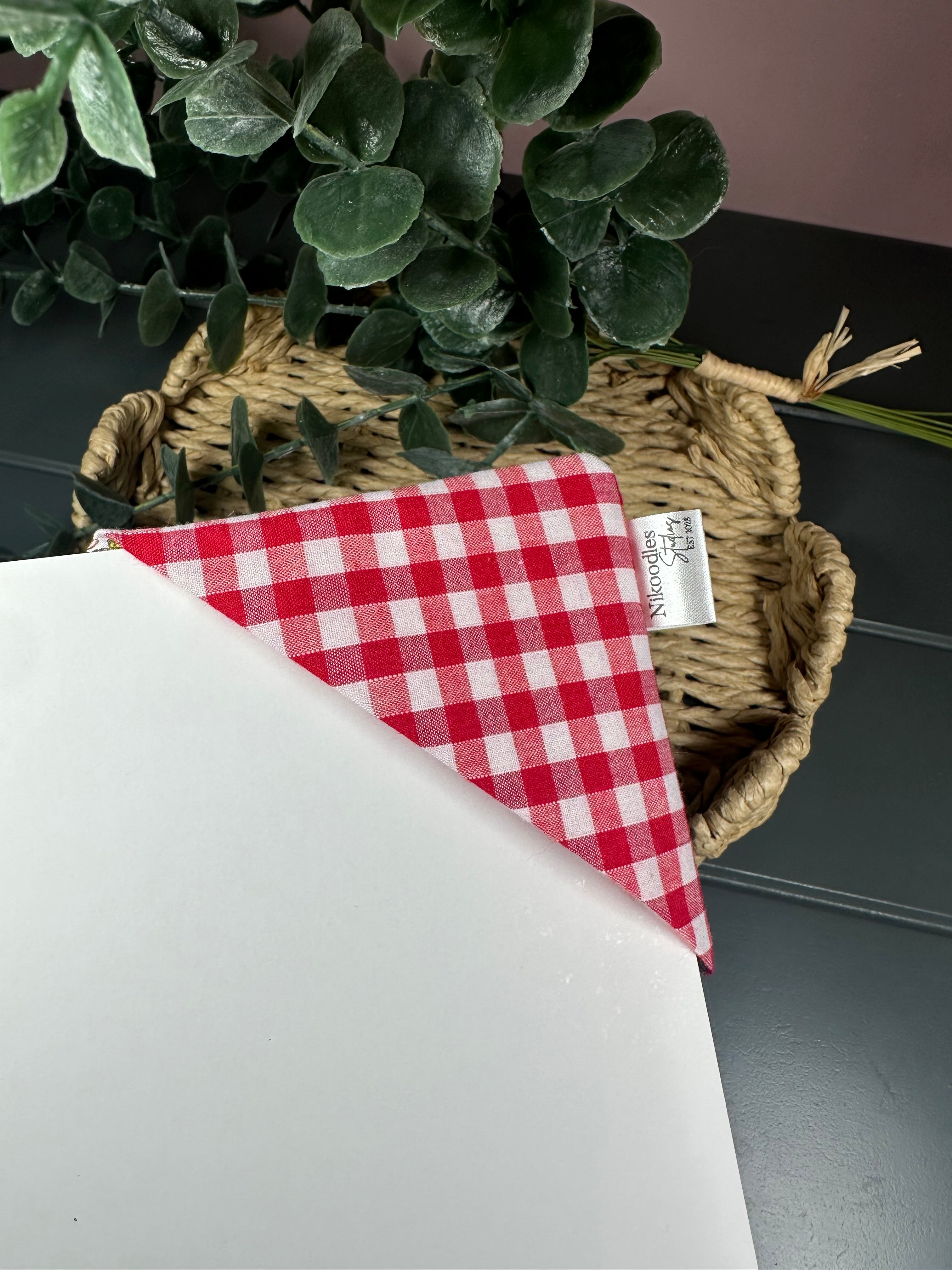 Red floral and red gingham fabric corner bookmark