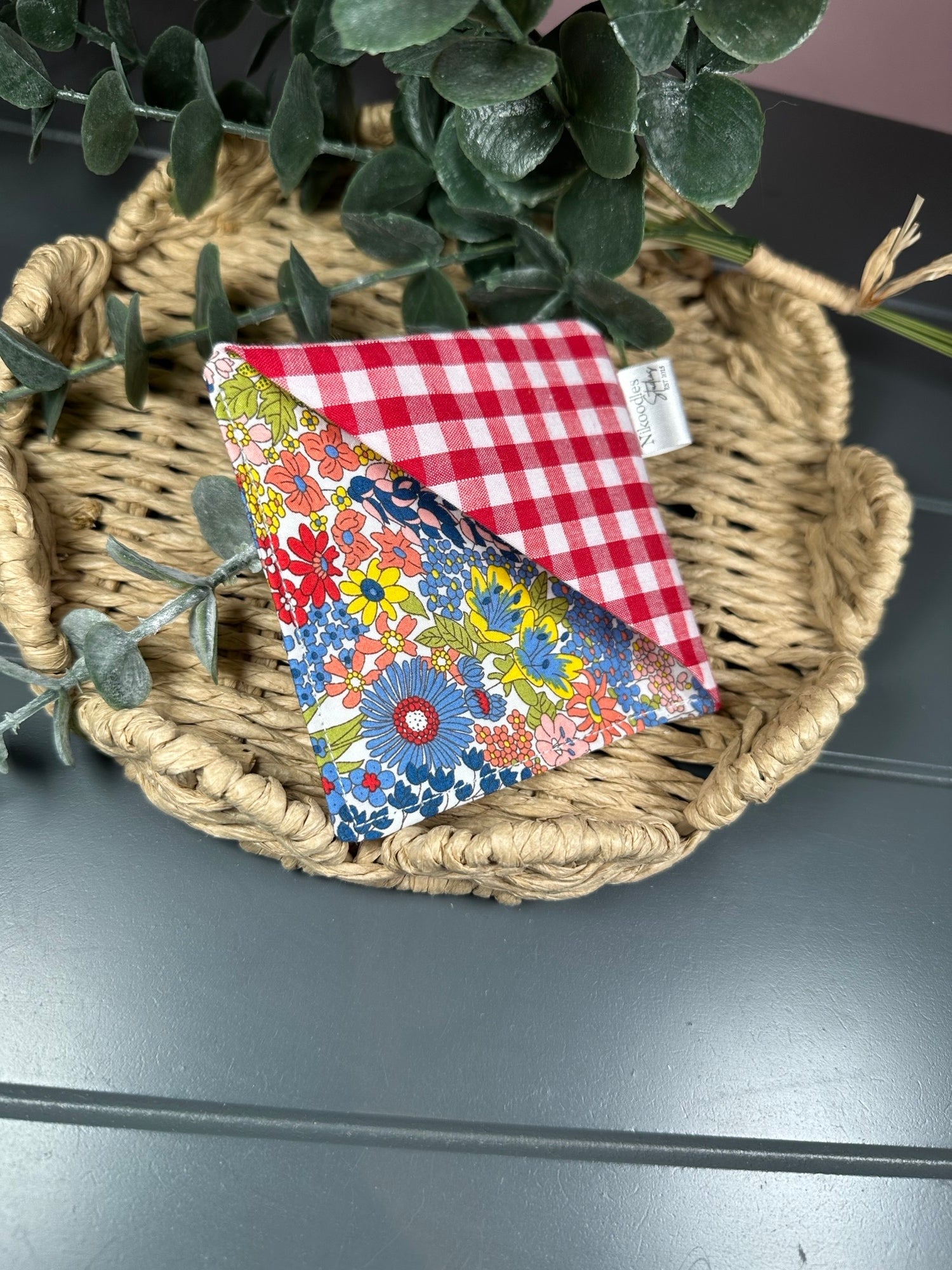Red floral and red gingham fabric corner bookmark