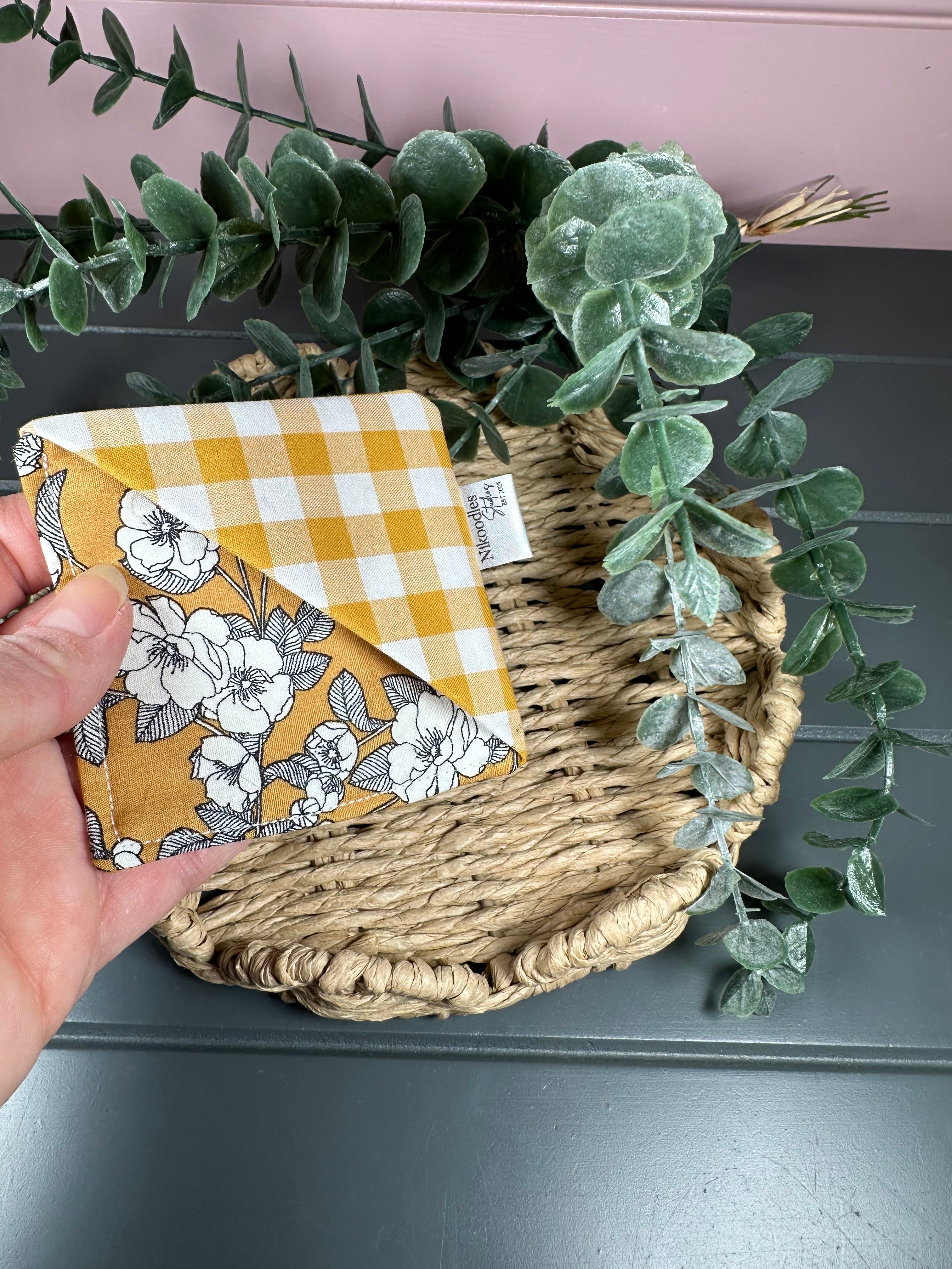 Mustard floral and gingham fabric corner bookmark