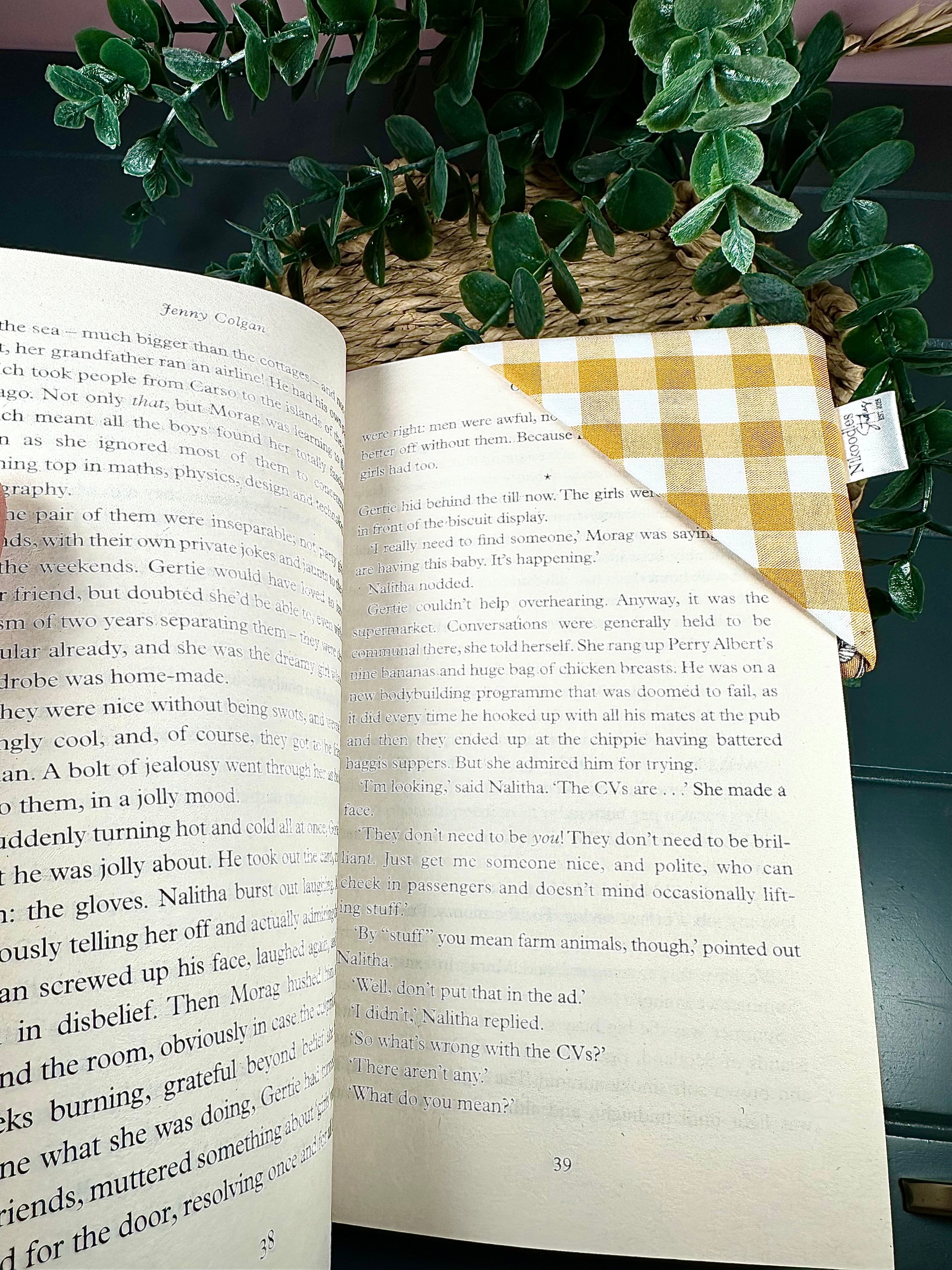 Mustard floral and gingham fabric corner bookmark