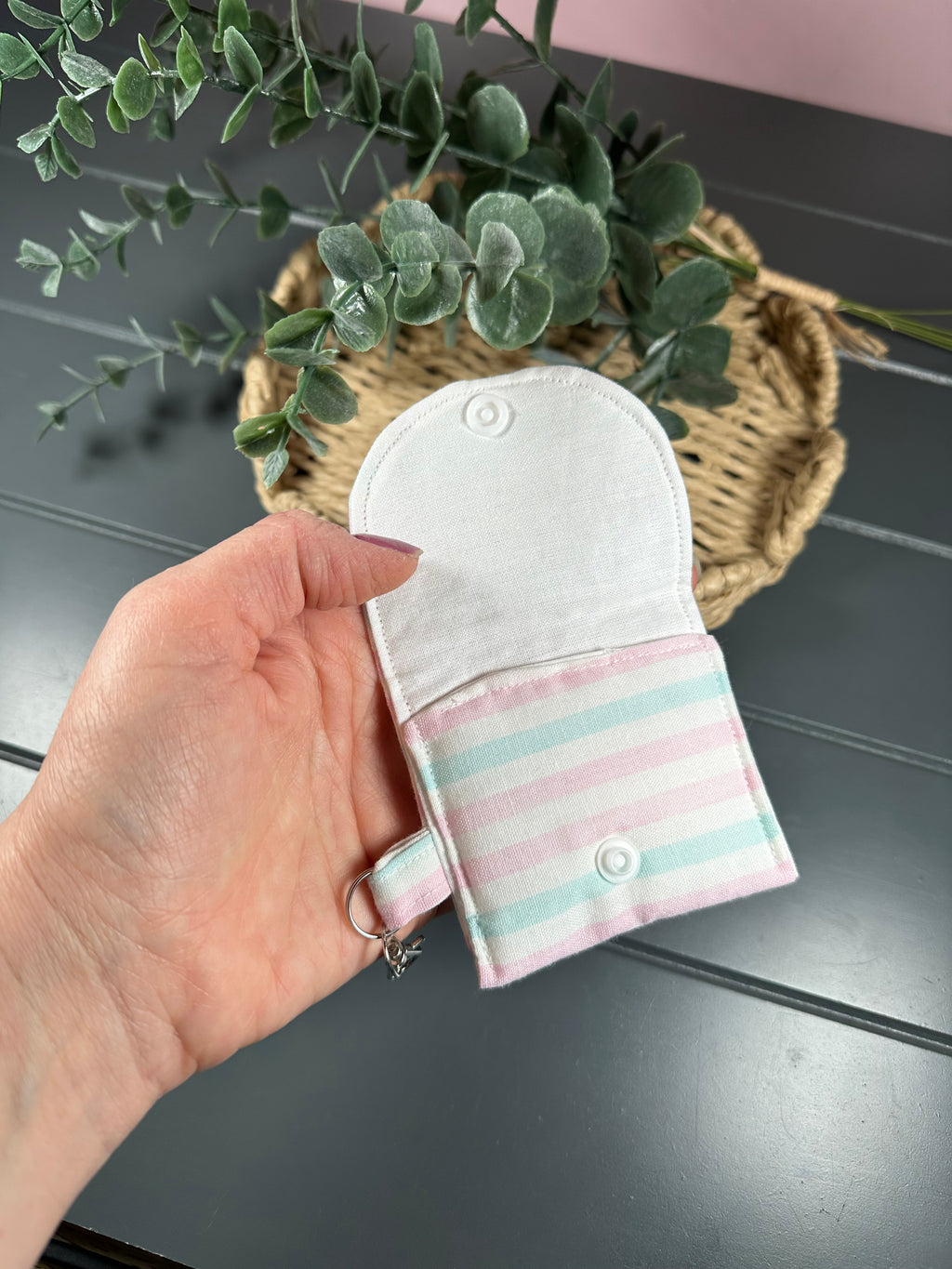 Pale pink and blue stripe airpod case