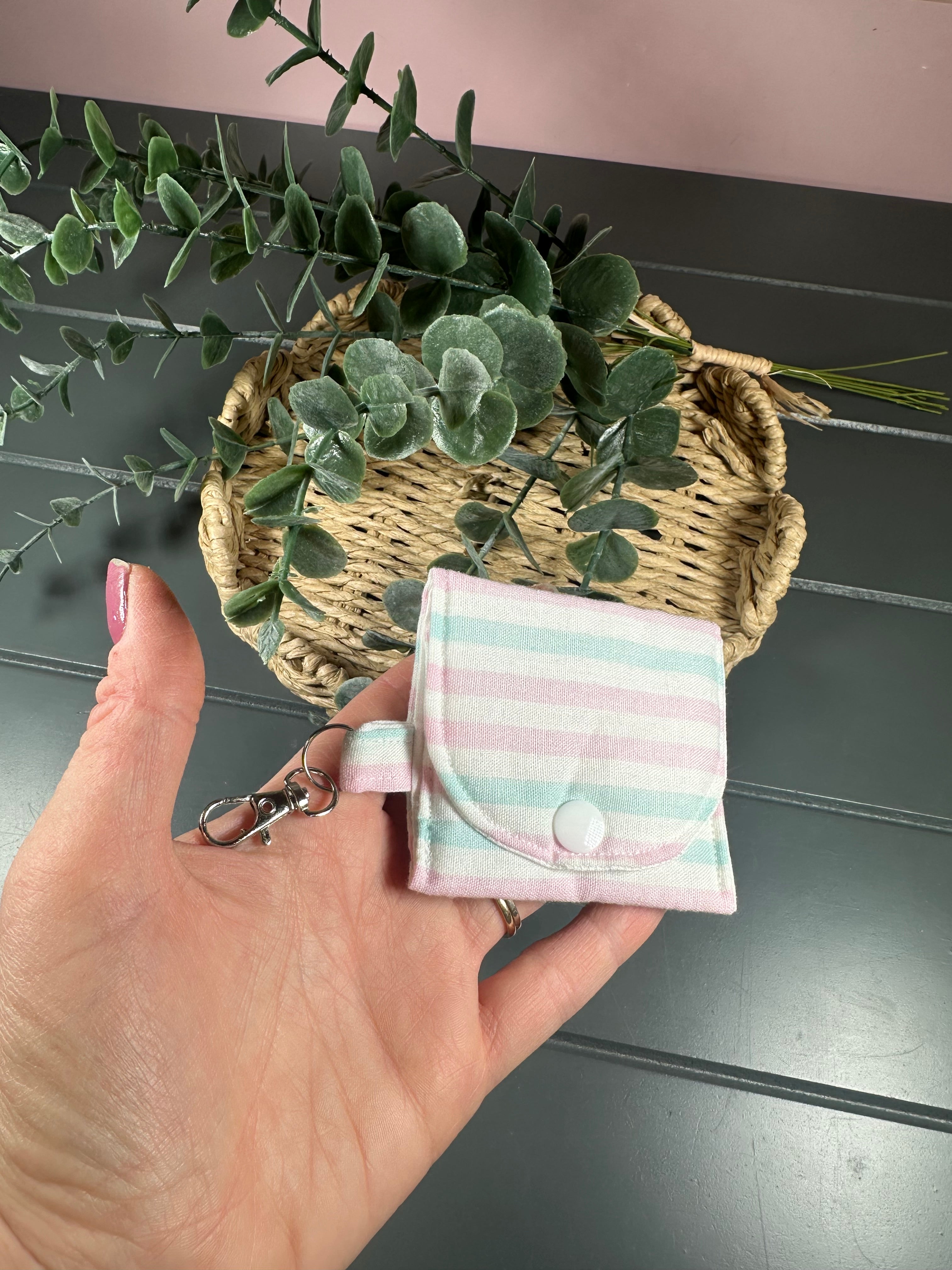 Pale pink and blue stripe airpod case