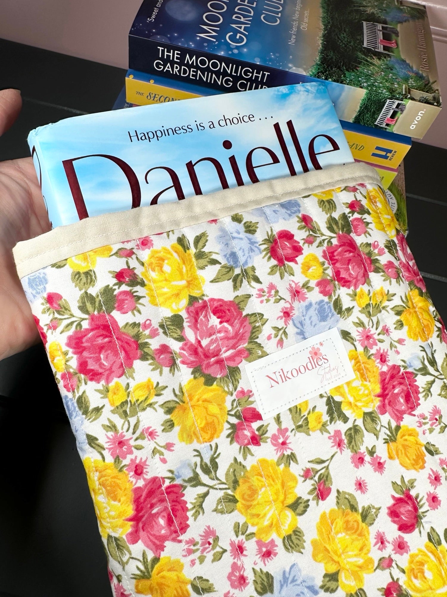pink and yellow floral book sleeve