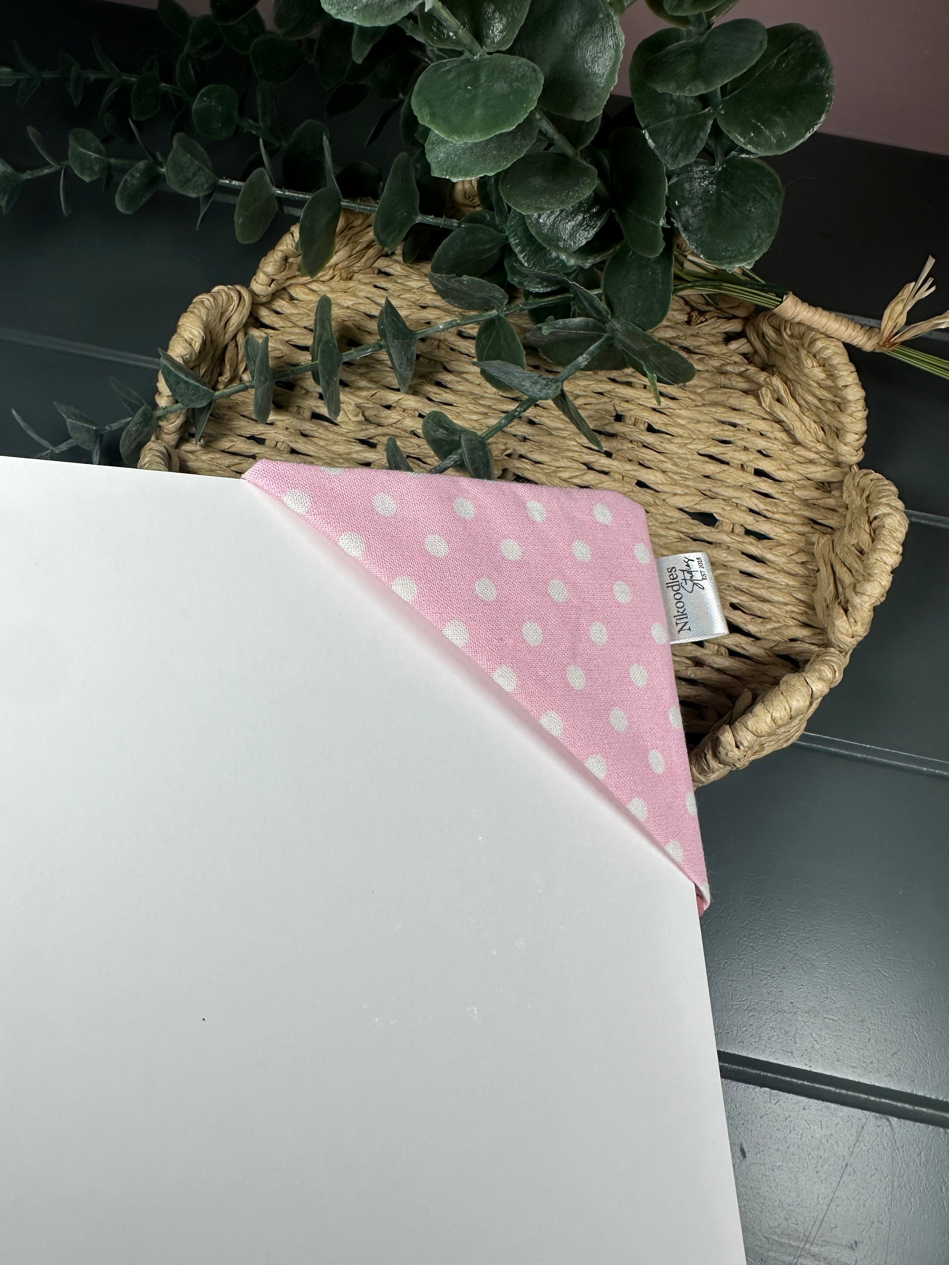 Pink polka dot floral fabric corner bookmark