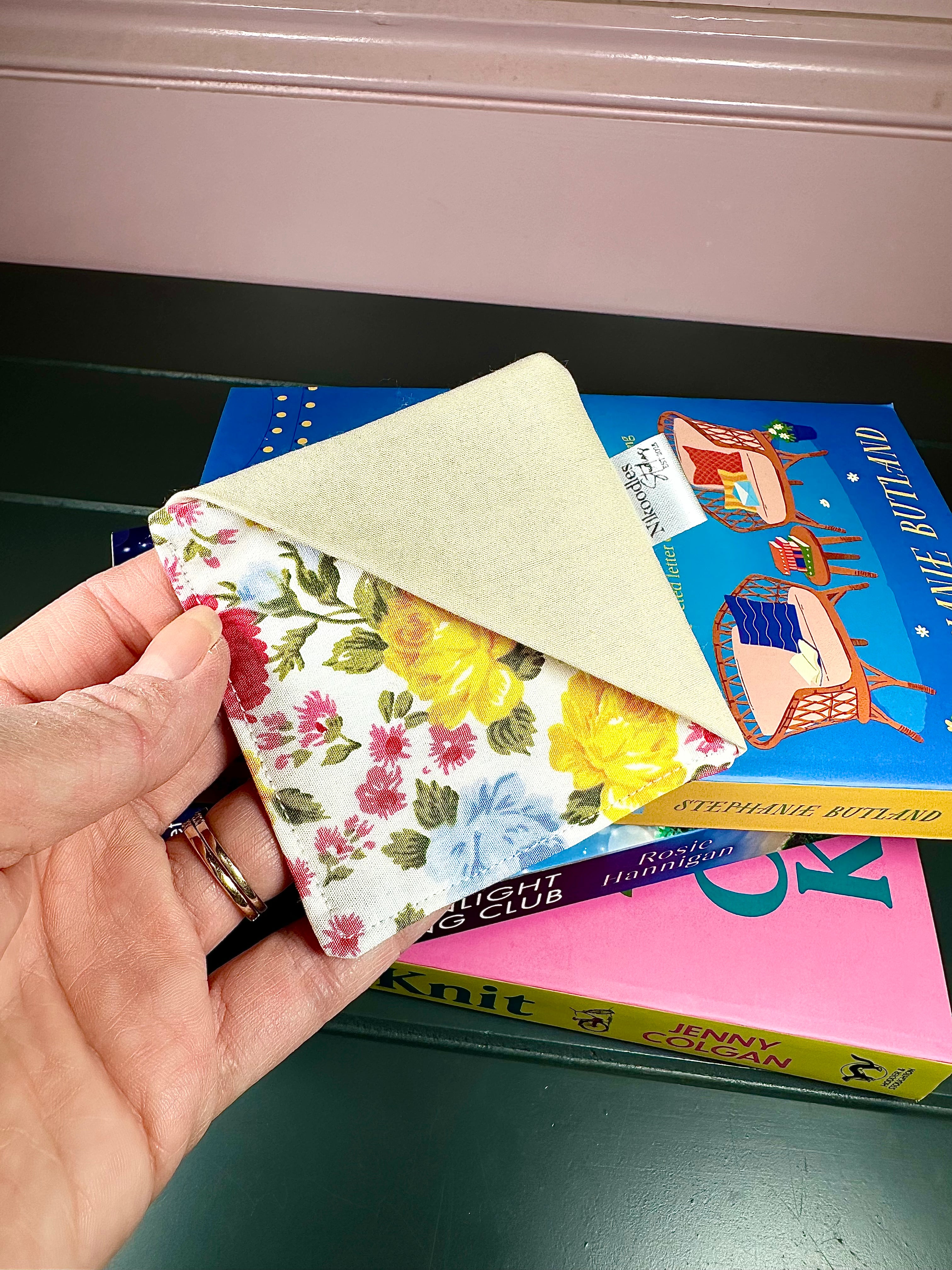 Pink and yellow fabric corner bookmark