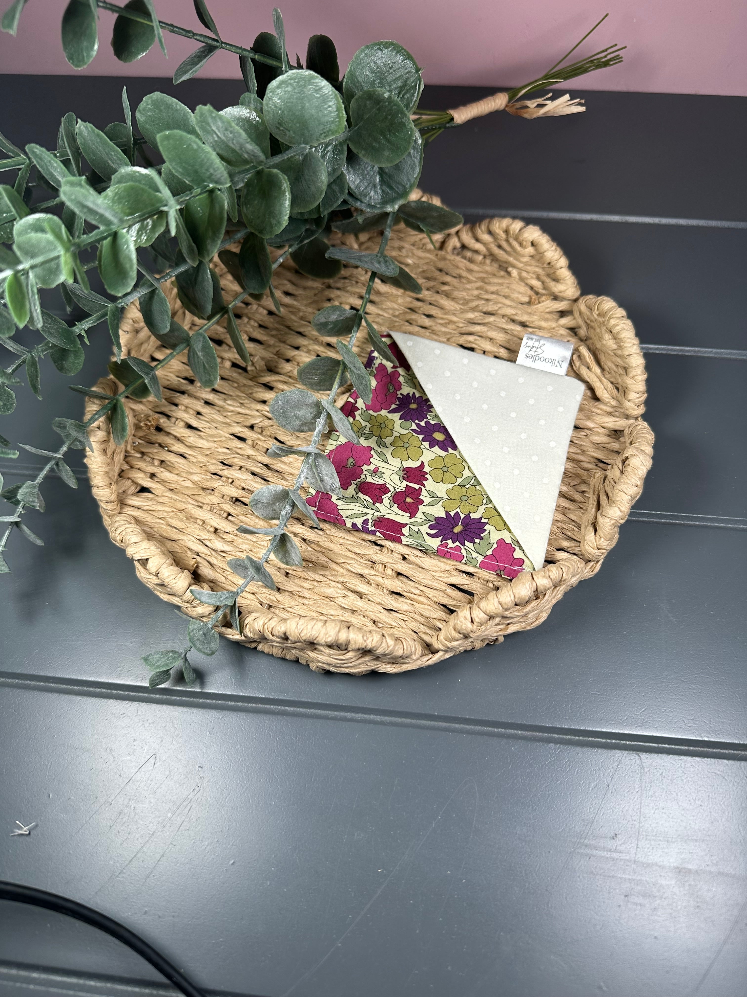 purple floral and lemon polka dot fabric corner bookmark