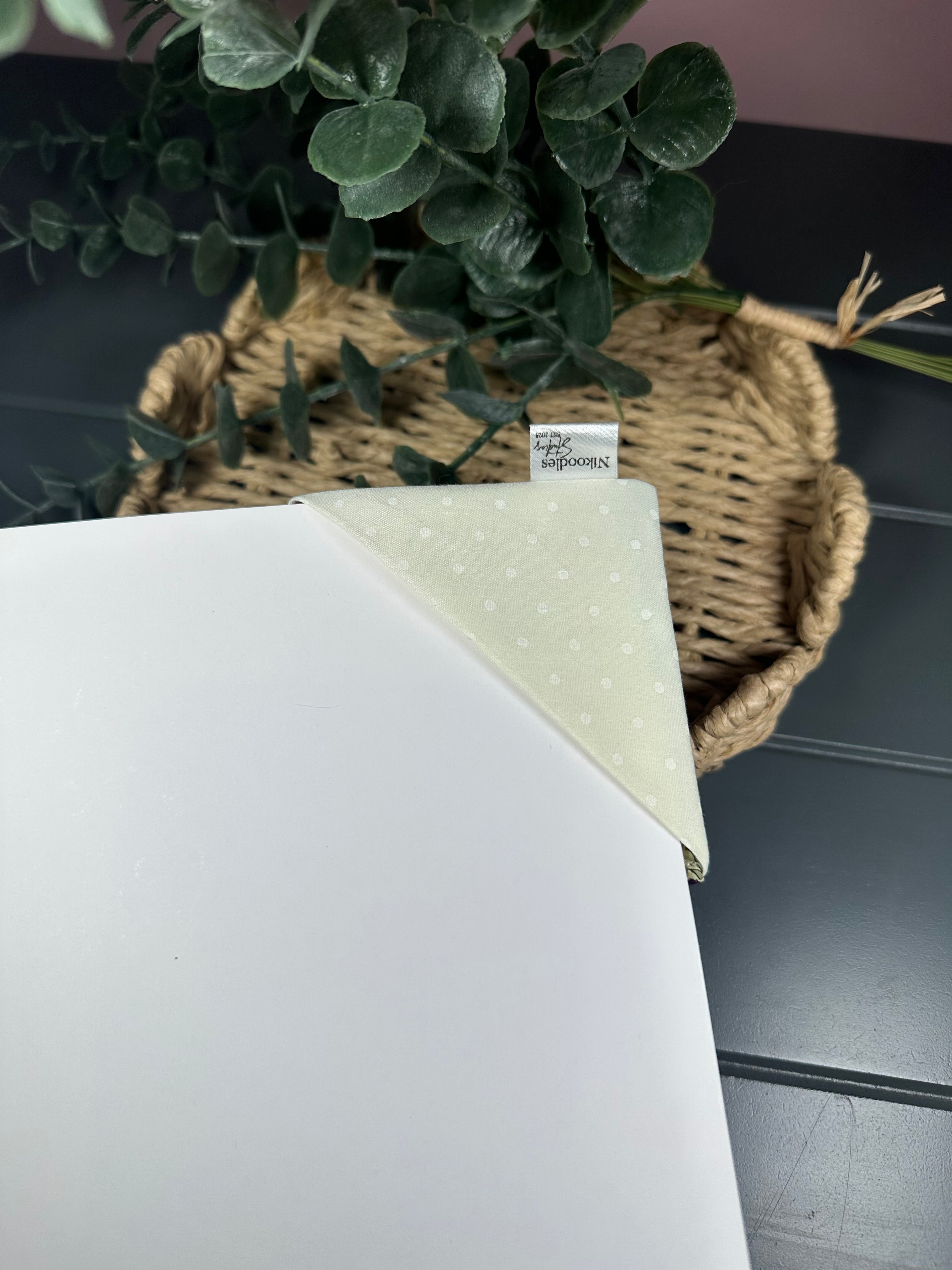 purple floral and lemon polka dot fabric corner bookmark